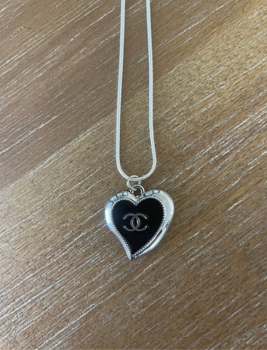 Silver and Black Enamel Heart Necklace