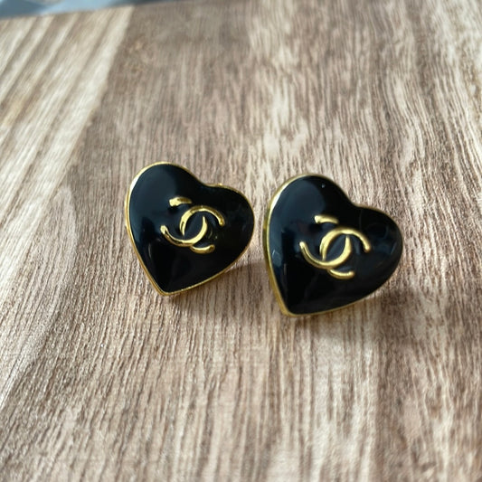 Black Enamel Heart Stud Earrings