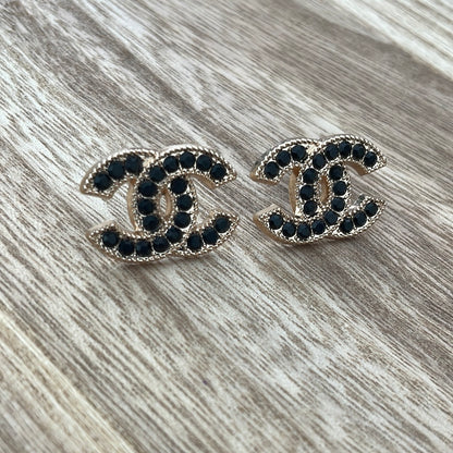 Black Rhinestone and Gold Ribbon Stud Earrings