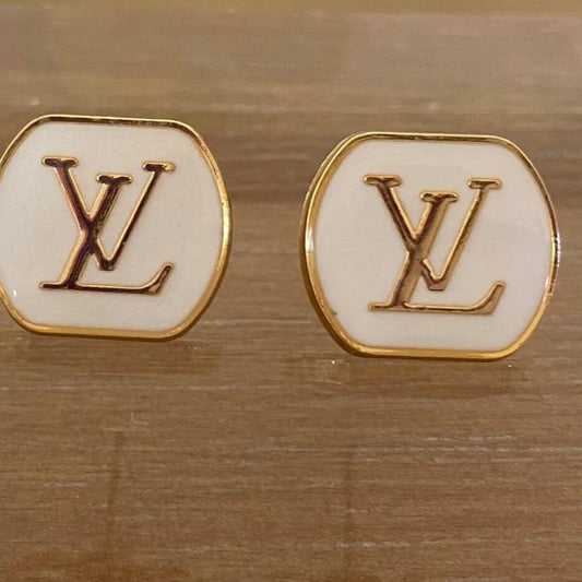 White Enamel and Gold Stud Earrings