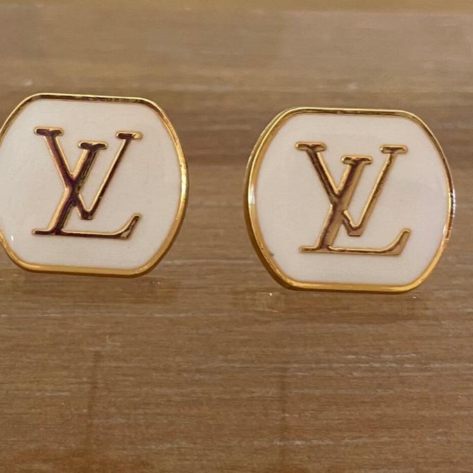 Cream Enamel and Gold Stud Earrings