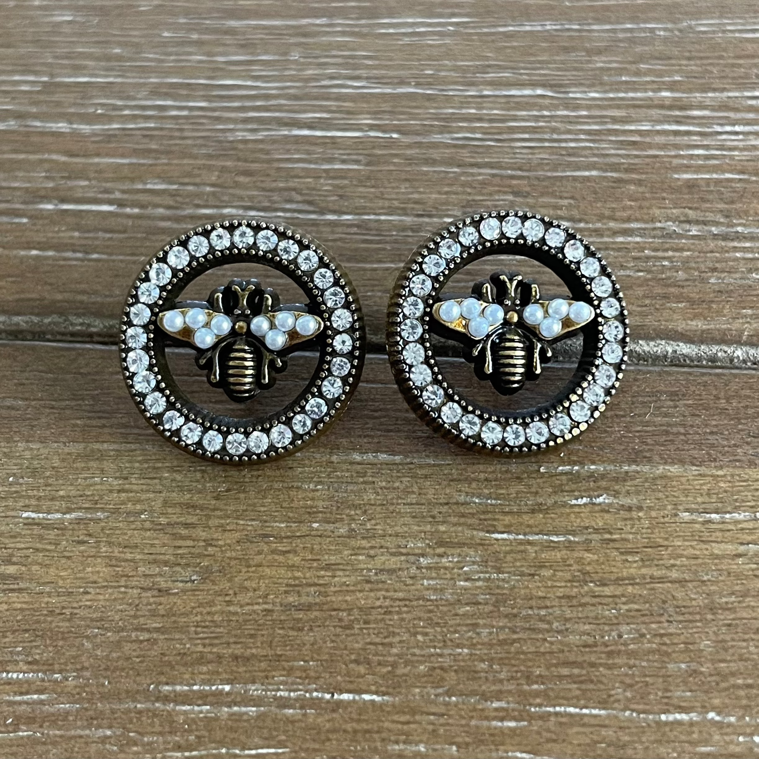 Crystal, Pearl and Brass Bee Stud Earrings
