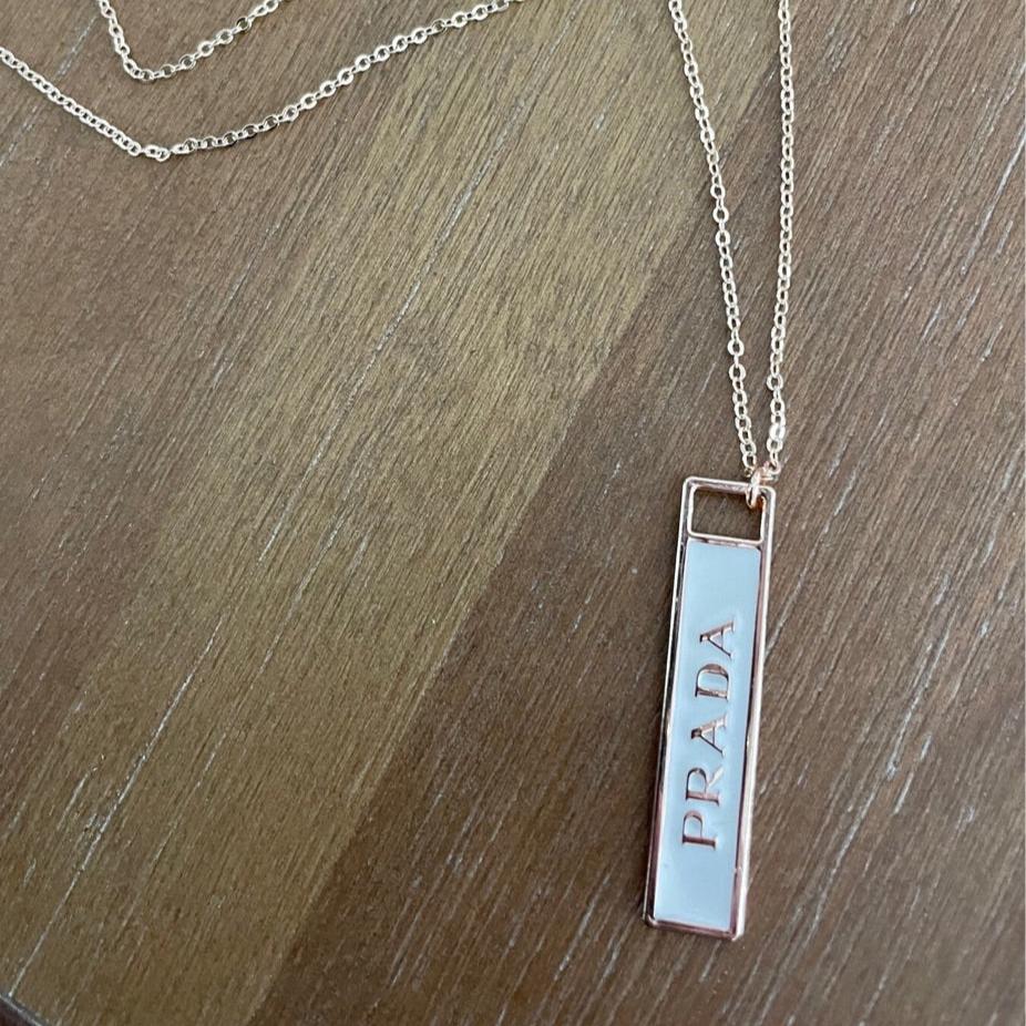 Gold and White Enamel Rectangle Necklace